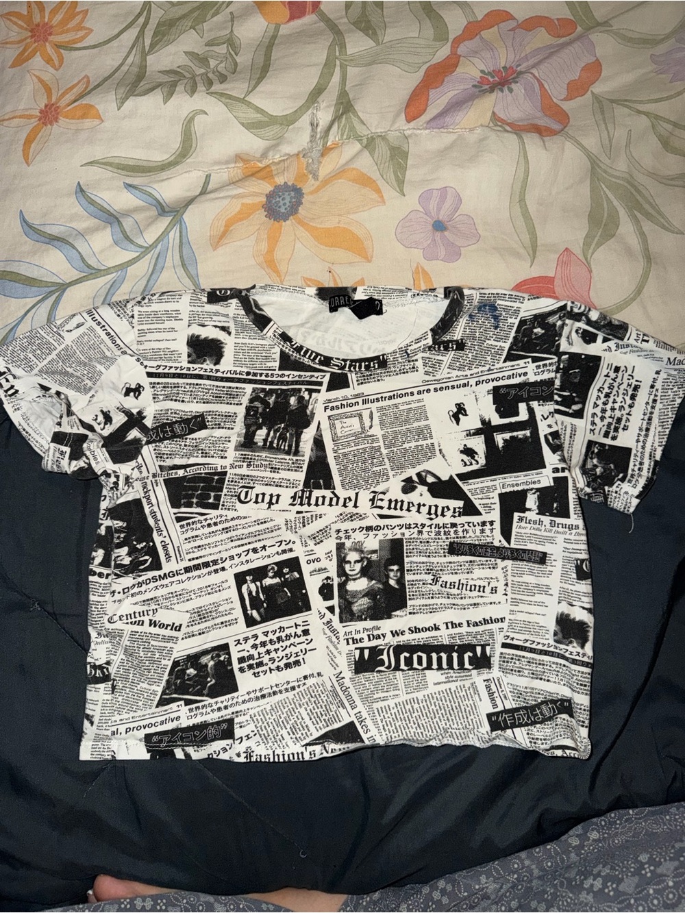 Current Mood Black & White Newspaper-Print Crop Tee